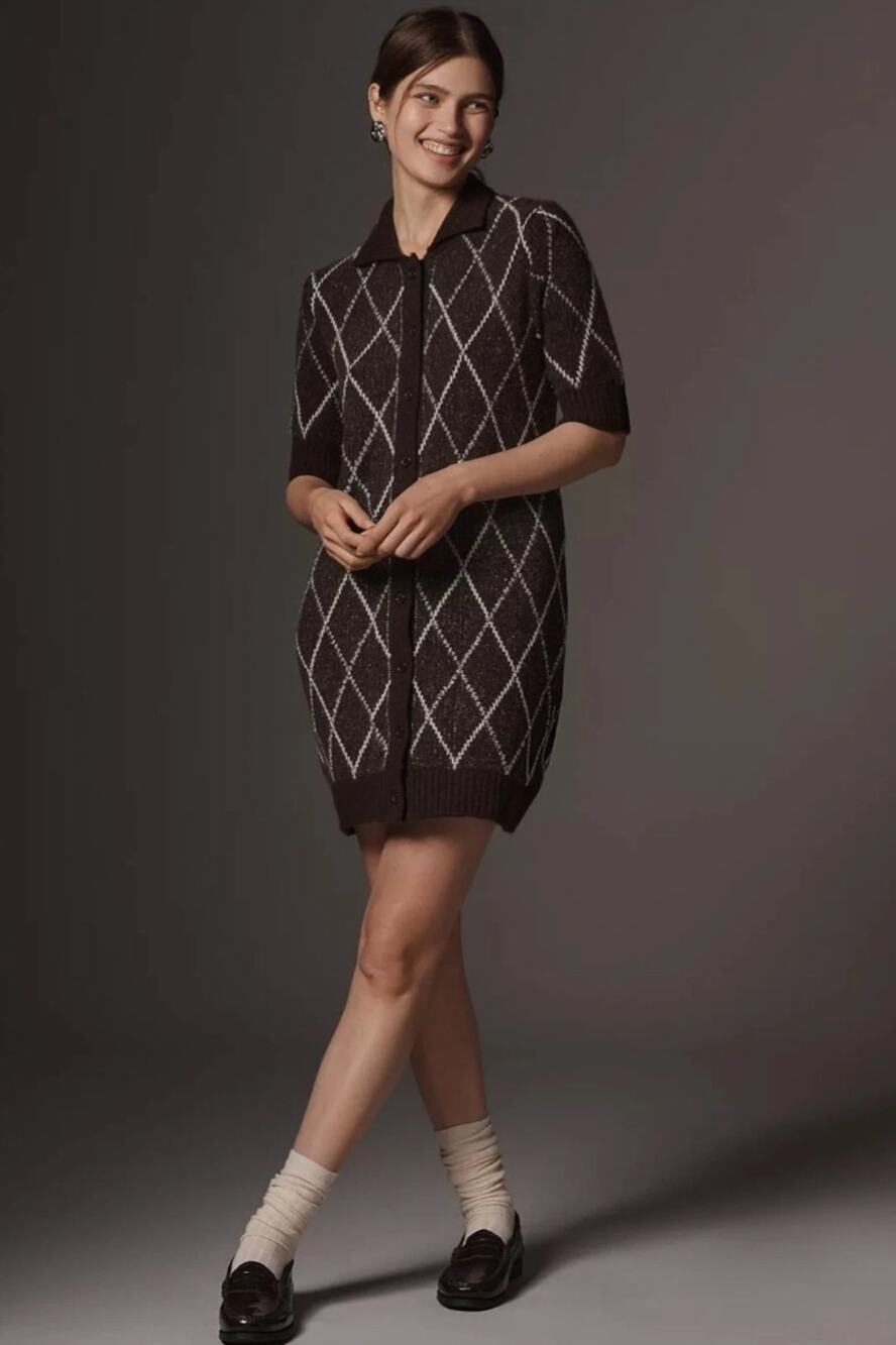 By Anthropologie Rhinestone Sweater Shift Dress in Brown Ivory Argyle S NWT $168